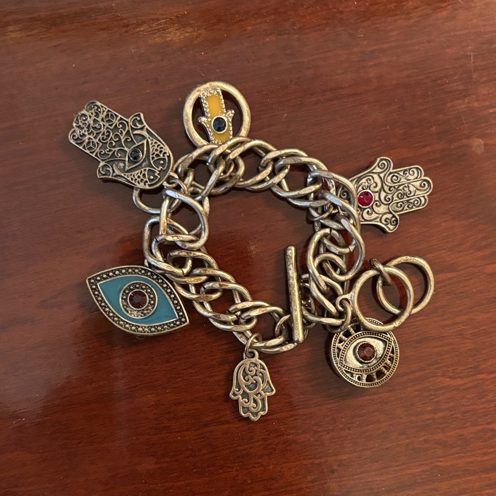 Sterling Silver Hamsa Evil Eye Charm Bracelet with Turquoise and Red Accents